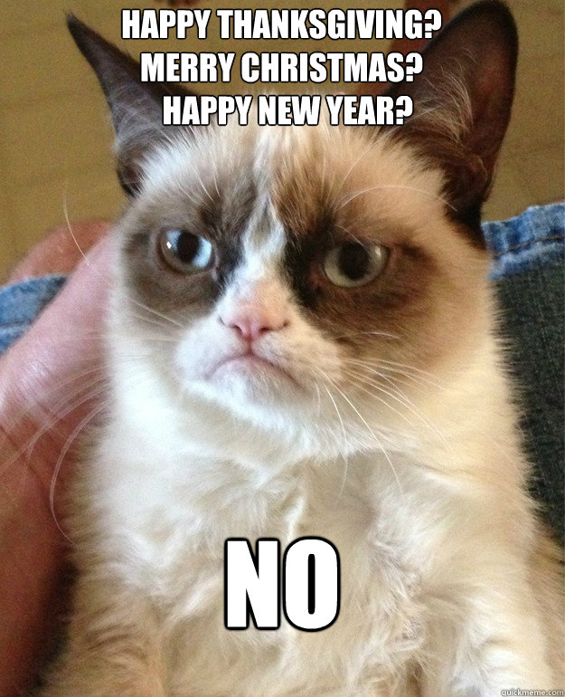 Happy Thanksgiving?  
Merry Christmas?
  Happy New Year? no - Happy Thanksgiving?  
Merry Christmas?
  Happy New Year? no  Grumpy Cat