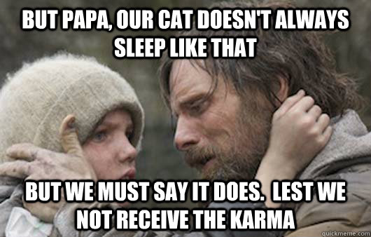 But papa, our cat doesn't always sleep like that But we must say it does.  Lest we not receive the karma  Viggo Explains Reddit