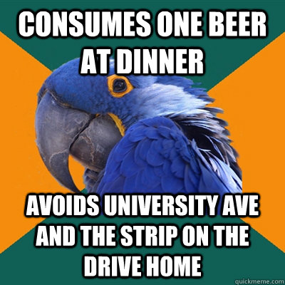 Consumes one beer at dinner Avoids University Ave and The Strip on the drive home  Paranoid Parrot