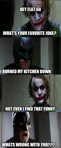 what's your favorite joke? I burned my kitchen down not even i find that funny whats wrong with you??? Hey flat 60  