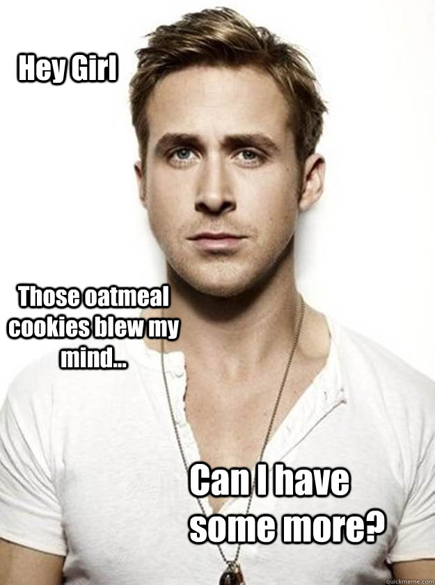 Hey Girl Those oatmeal cookies blew my mind... Can I have some more?  Ryan Gosling Hey Girl
