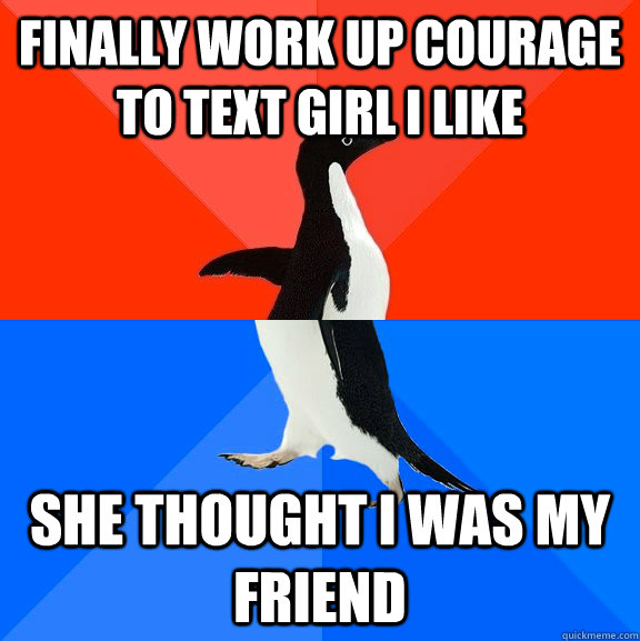Finally work up courage to text girl I like she thought i was my friend  Socially Awesome Awkward Penguin