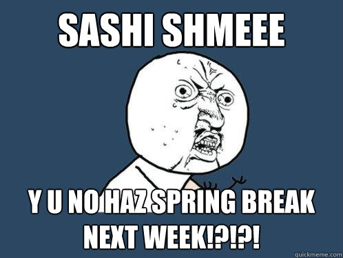 SASHI SHMEEE Y U NO HAZ SPRING BREAK NEXT WEEK!?!?!  Y U No