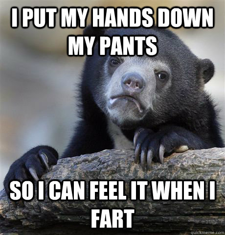 i put my hands down my pants so i can feel it when i fart  Confession Bear