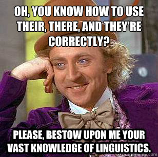 Oh, you know how to use their, there, and they're correctly? please, bestow upon me your vast knowledge of linguistics. - Oh, you know how to use their, there, and they're correctly? please, bestow upon me your vast knowledge of linguistics.  Condescending Wonka