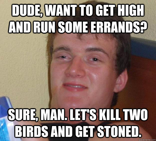 Dude, want to get high and run some errands? Sure, man. Let's kill two birds and get stoned.  10 Guy