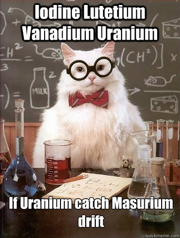 Iodine Lutetium Vanadium Uranium If Uranium catch Masurium drift  Chemistry Cat