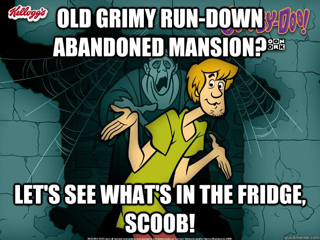 Old grimy run-down abandoned mansion? Let's see what's in the fridge, Scoob!  Irrational Shaggy