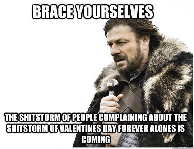 Brace yourselves The shitstorm of people complaining about the shitstorm of valentines day forever alones is coming  Imminent Ned
