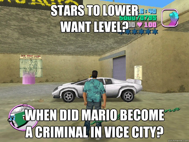 Stars to lower 
want level? When did Mario become
a criminal in Vice city? - Stars to lower 
want level? When did Mario become
a criminal in Vice city?  GTA LOGIC