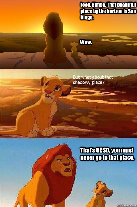 Look, Simba. That beautiful place by the horizon is San Diego. Wow. That's UCSD, you must never go to that place.  - Look, Simba. That beautiful place by the horizon is San Diego. Wow. That's UCSD, you must never go to that place.   Lion King Shadowy Place