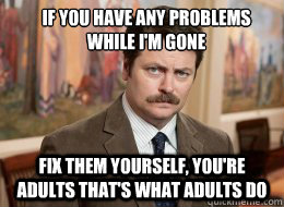 If you have any problems while I'm gone
 Fix them yourself, you're adults that's what adults do  Ron Swanson