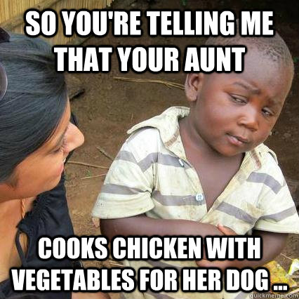 So you're telling me that your aunt cooks chicken with vegetables for her dog ... - So you're telling me that your aunt cooks chicken with vegetables for her dog ...  Sceptical third world kid