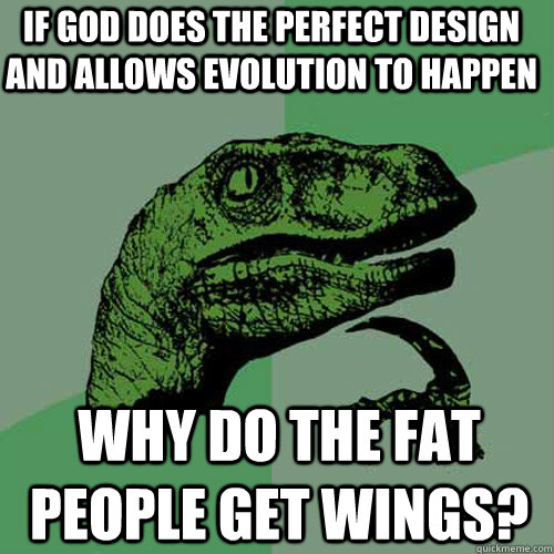 If God does the perfect design and allows evolution to happen Why do the fat people get wings?  Philosoraptor