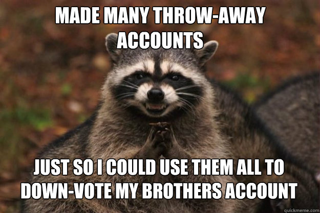 made many throw-away accounts just so I could use them all to down-vote my brothers account  