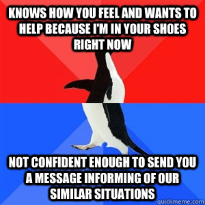 Knows how you feel and wants to help because i'm in your shoes right now Not confident enough to send you a message informing of our similar situations  Socialy Awesomeawkward penguin