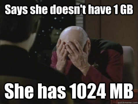 Says she doesn't have 1 GB She has 1024 MB  Picard Double Facepalm