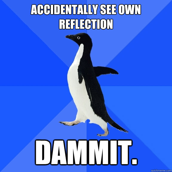 ACCIDENTALLY see own reflection Dammit.  Socially Awkward Penguin