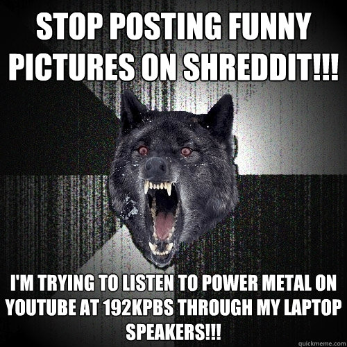 Stop posting funny pictures on shreddit!!! I'm trying to listen to power metal on youtube at 192kpbs through my laptop speakers!!!  Insanity Wolf