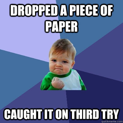 Dropped a piece of paper caught it on third try   Success Kid