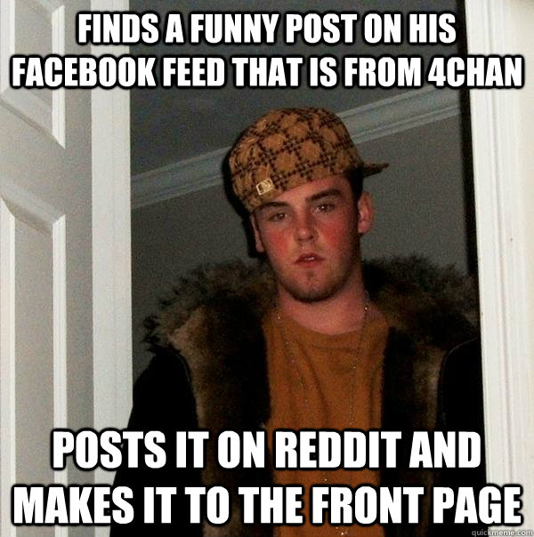 finds a funny post on his facebook feed that is from 4chan posts it on reddit and makes it to the front page  Scumbag Steve