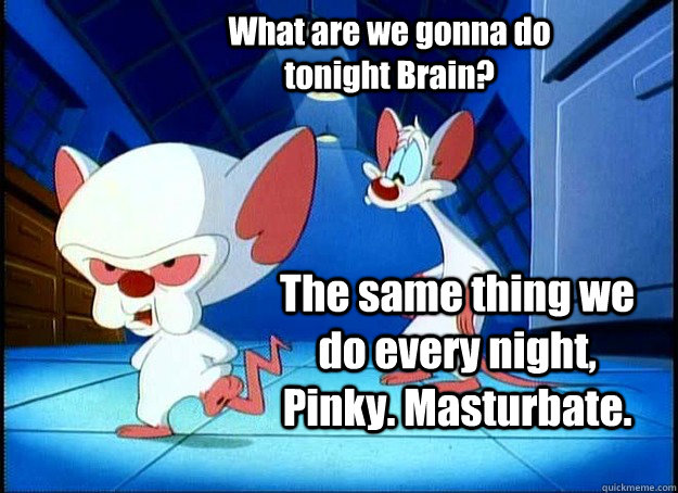 What are we gonna do tonight Brain? The same thing we do every night, Pinky. Masturbate.   Pinky and the Brain