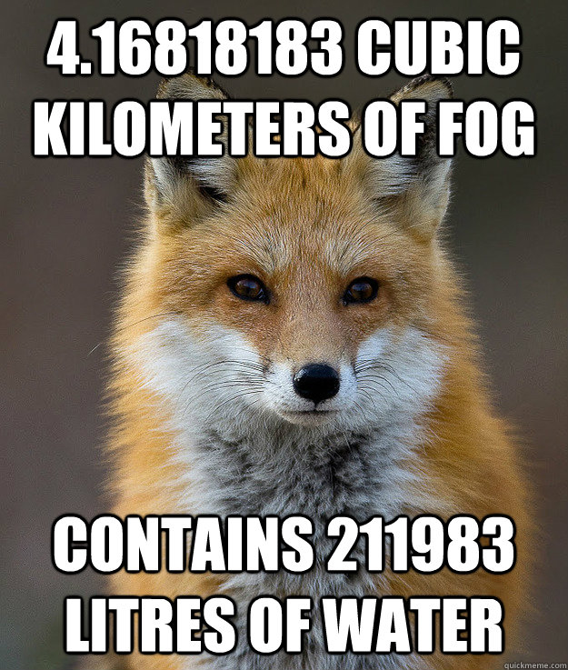 4.16818183 cubic kilometers of fog  contains 211983 litres of water  Fun Fact Fox