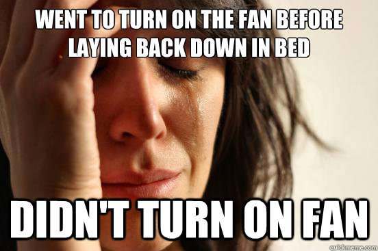went to turn on the fan before laying back down in bed  Didn't turn on fan  First World Problems