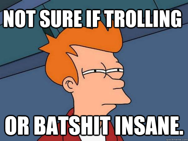 Not sure if trolling or batshit insane.  Futurama Fry