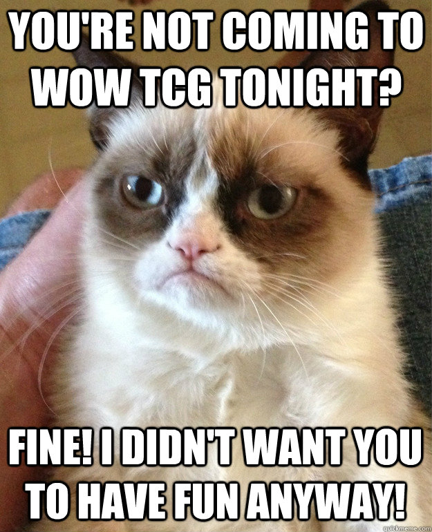You're not coming to wow tcg tonight? Fine! i didn't want you to have fun anyway!  Grumpy Cat