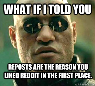 What if i told you reposts are the reason you liked reddit in the first place. - What if i told you reposts are the reason you liked reddit in the first place.  WhatIfIToldYouBing