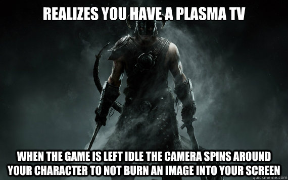 Realizes you have a plasma tv when the game is left idle the camera spins around your character to not burn an image into your screen - Realizes you have a plasma tv when the game is left idle the camera spins around your character to not burn an image into your screen  good guy skyrim