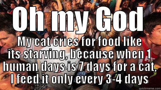OH MY GOD MY CAT CRIES FOR FOOD LIKE ITS STARVING, BECAUSE WHEN 1 HUMAN DAYS IS 7 DAYS FOR A CAT, I FEED IT ONLY EVERY 3-4 DAYS Sudden Clarity Clarence