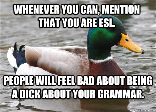 Whenever you can, mention that you are ESL. People will feel bad about being a dick about your grammar.  Actual Advice Mallard