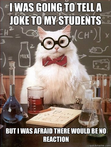 I was going to tell a joke to my students but i was afraid there would be no reaction  Chemistry Cat