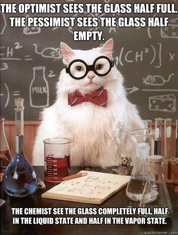 The optimist sees the glass half full. 
The pessimist sees the glass half empty.  The chemist see the glass completely full, half in the liquid state and half in the vapor state. - The optimist sees the glass half full. 
The pessimist sees the glass half empty.  The chemist see the glass completely full, half in the liquid state and half in the vapor state.  Chemistry Cat