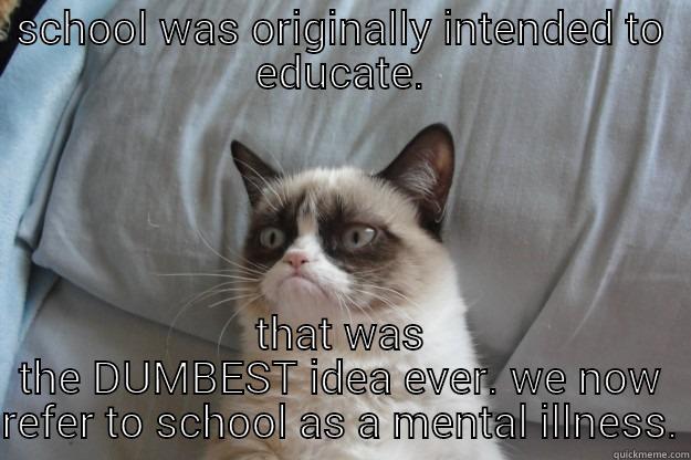 SCHOOL WAS ORIGINALLY INTENDED TO EDUCATE. THAT WAS THE DUMBEST IDEA EVER. WE NOW REFER TO SCHOOL AS A MENTAL ILLNESS. Grumpy Cat