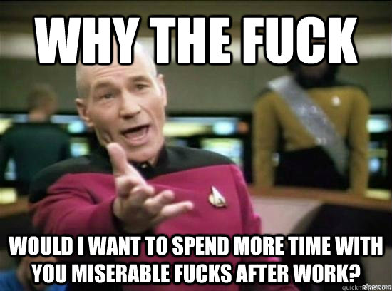 Why the fuck would I want to spend more time with you miserable fucks after work?  Annoyed Picard HD