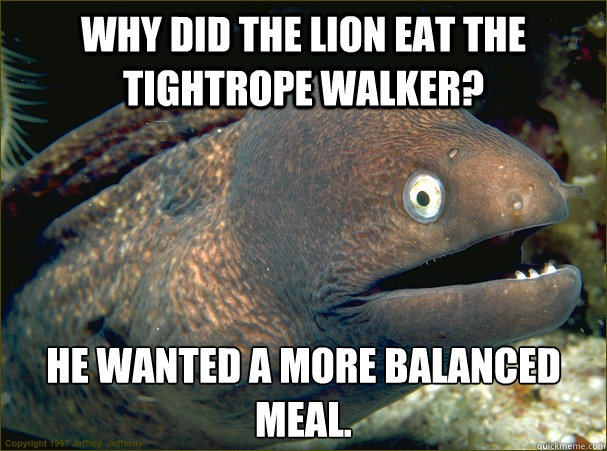 Why did the Lion Eat the tightrope walker? He Wanted a more balanced meal.   Bad Joke Eel
