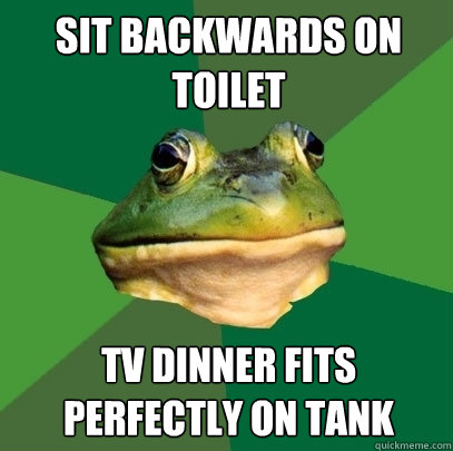 sit backwards on toilet tv dinner fits perfectly on tank  Foul Bachelor Frog
