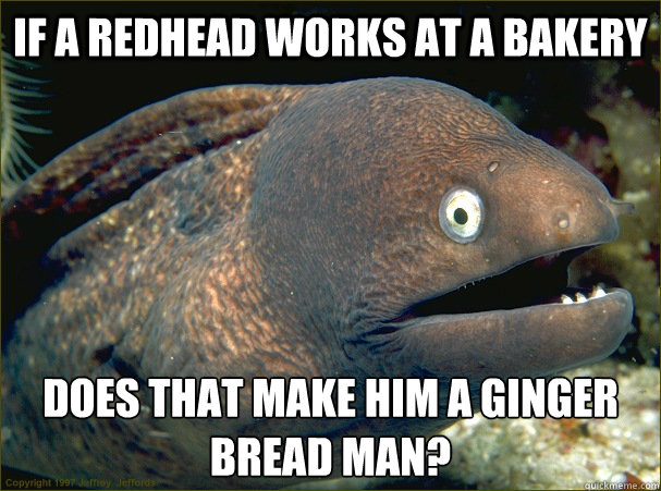 if a redhead works at a bakery  does that make him a ginger bread man?  Bad Joke Eel