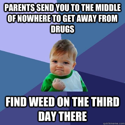 Parents send you to the middle of nowhere to get away from drugs Find weed on the third day there  Success Kid