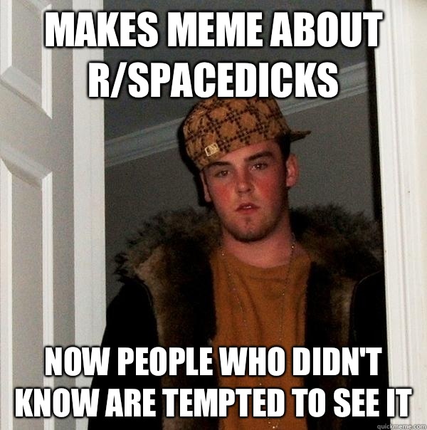 makes meme about r/spacedicks now people who didn't know are tempted to see it  Scumbag Steve