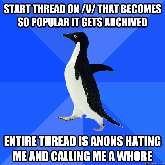 Start thread on /v/ that becomes so popular it gets archived Entire thread is anons hating me and calling me a whore  Socially Awkward Penguin