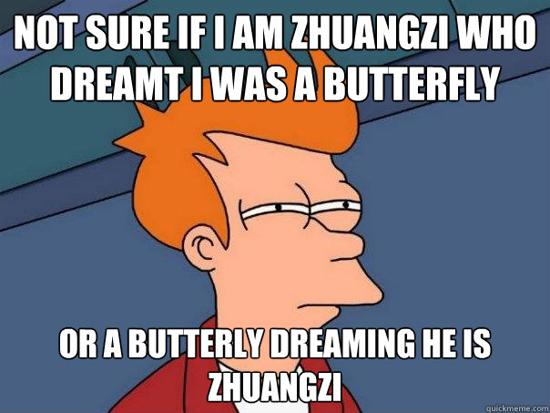 Not sure if I am Zhuangzi who dreamt I was a butterfly Or a butterly dreaming he is Zhuangzi - Not sure if I am Zhuangzi who dreamt I was a butterfly Or a butterly dreaming he is Zhuangzi  Futurama Fry