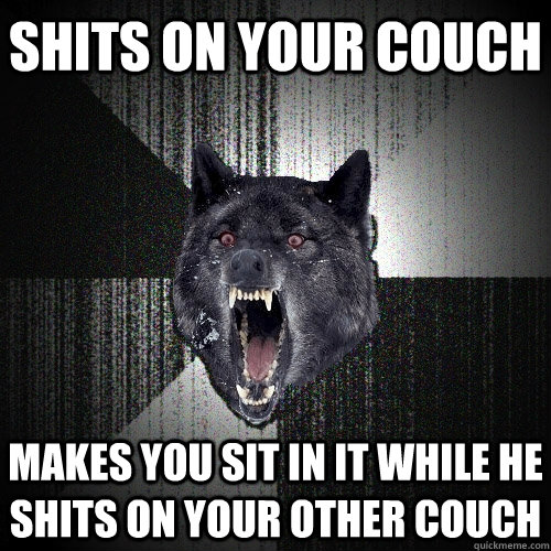 shits on your couch makes you sit in it while he shits on your other couch  Insanity Wolf
