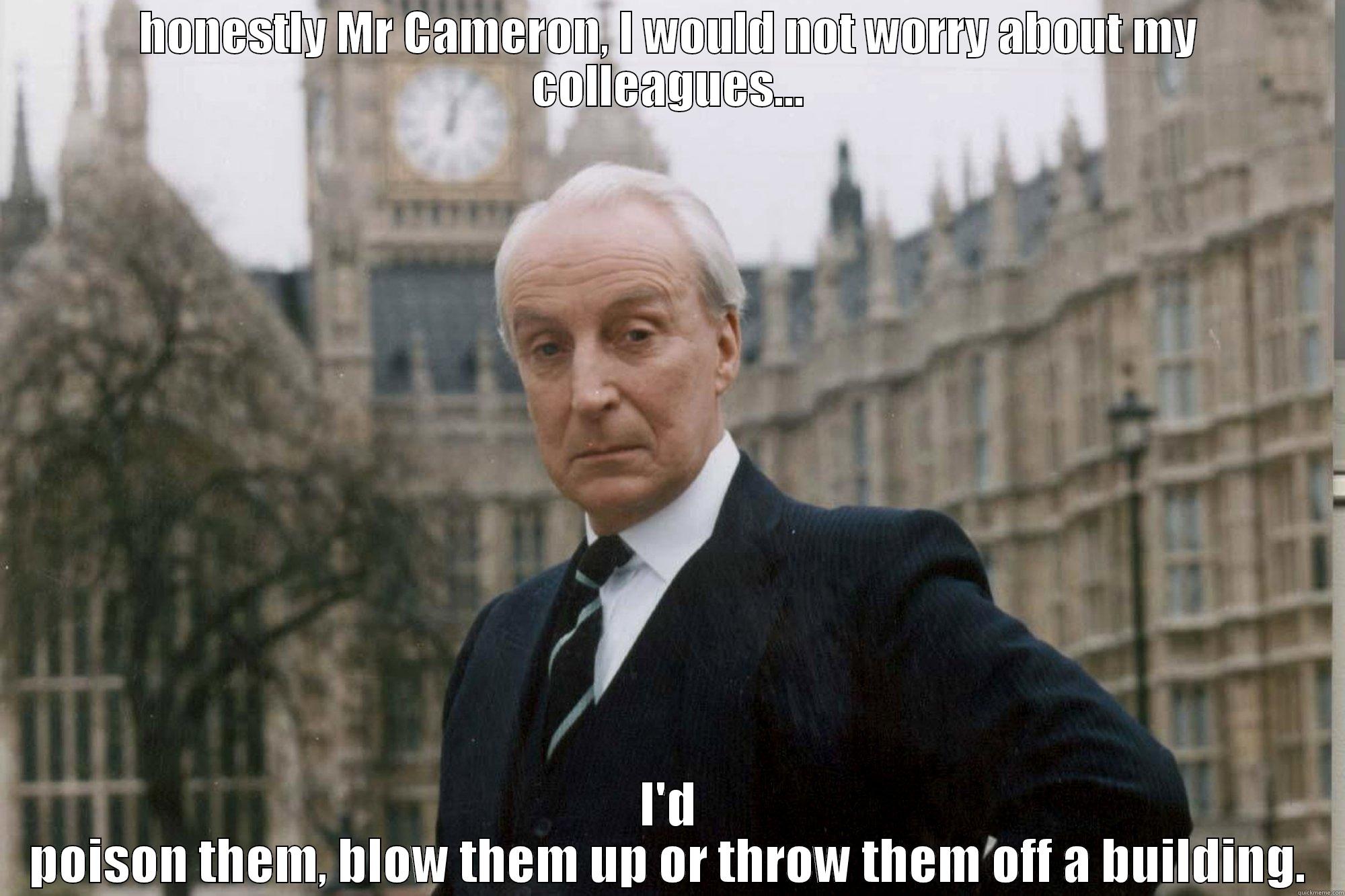 HONESTLY MR CAMERON, I WOULD NOT WORRY ABOUT MY COLLEAGUES... I'D POISON THEM, BLOW THEM UP OR THROW THEM OFF A BUILDING. Misc