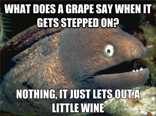 What does a grape say when it gets stepped on? Nothing, it just lets out a little wine - What does a grape say when it gets stepped on? Nothing, it just lets out a little wine  Bad Joke Eel