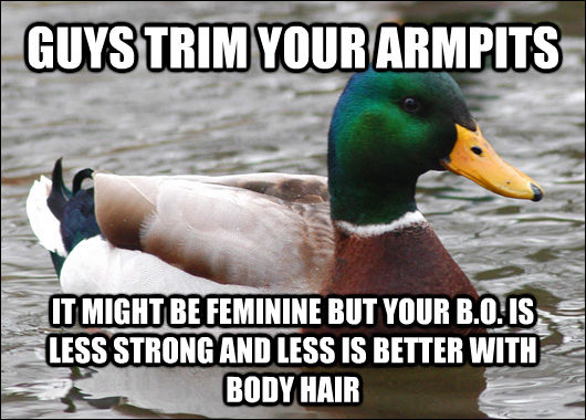 GUYS TRIM YOUR ARMPITS IT MIGHT BE FEMININE BUT YOUR B.O. IS LESS STRONG AND LESS IS BETTER WITH BODY HAIR  Actual Advice Mallard