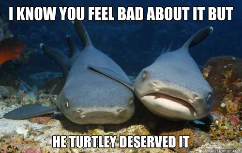 I know you feel bad about it but he turtley deserved it  Compassionate Shark Friend